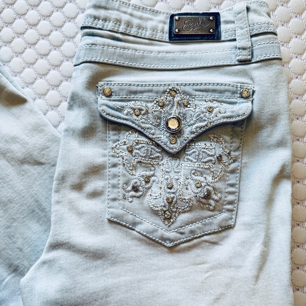 Earl Jean Light Wash Straight Leg Embellished Stretch Denim Jeans Size 8